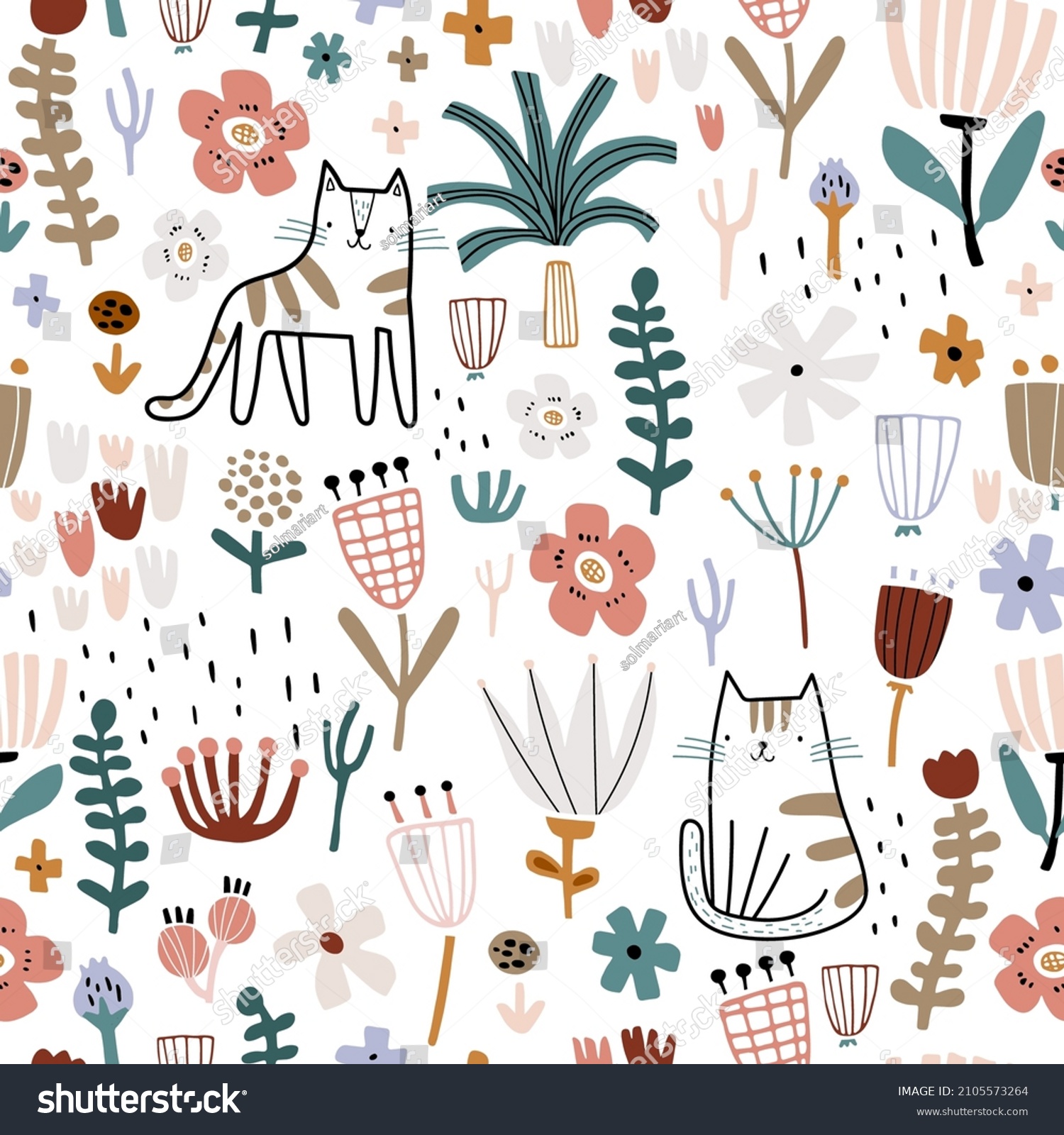 Seamless childish pattern with сute hand drawn cats and flowers. Kids ...