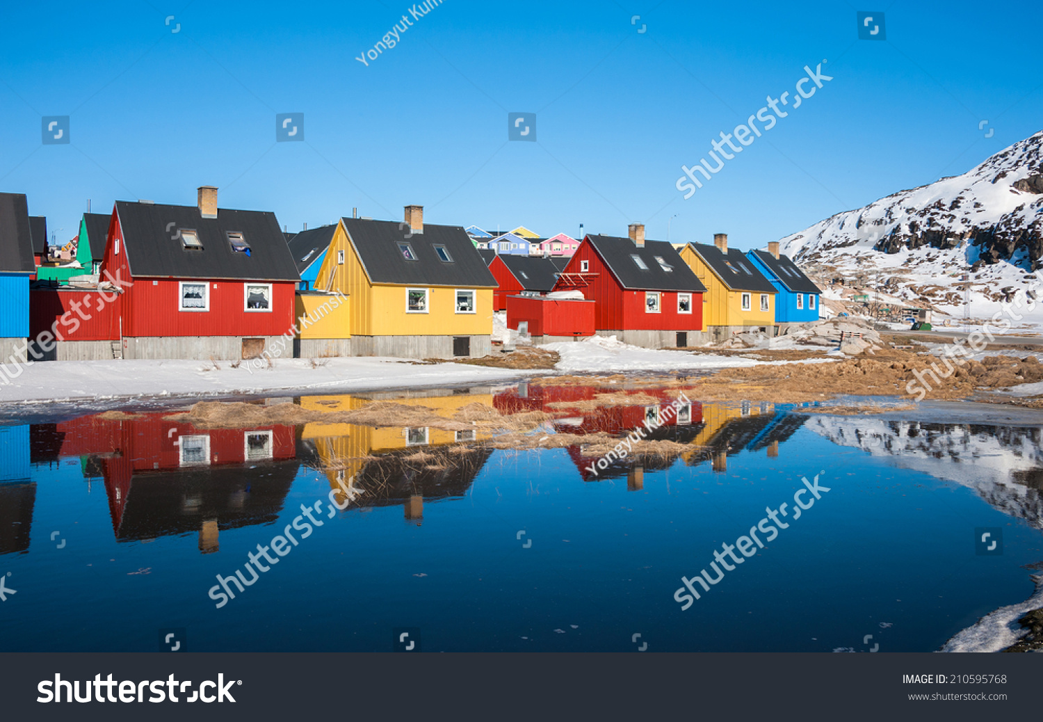 Reflection of colorful houses in Greenland