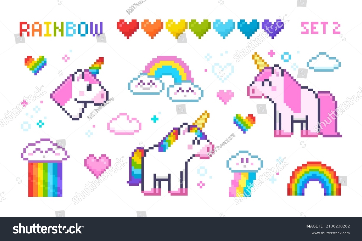 Pixel Art Unicorns wit Rainbow set  colorful 8-bit hearts icons  cute clouds - isolated vector elements collection. Cute White Unicorn icon in retro 8-bit video game style