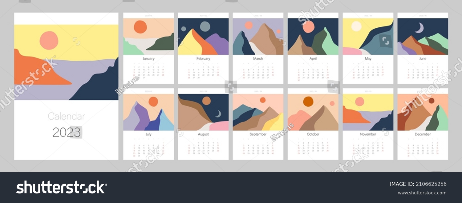 Calendar template for 2023. Vertical design with abstract natural boho landscapes. Editable illustration page template A4  A3  set of 12 months with cover. Vector mesh. Week starts on Sunday.
