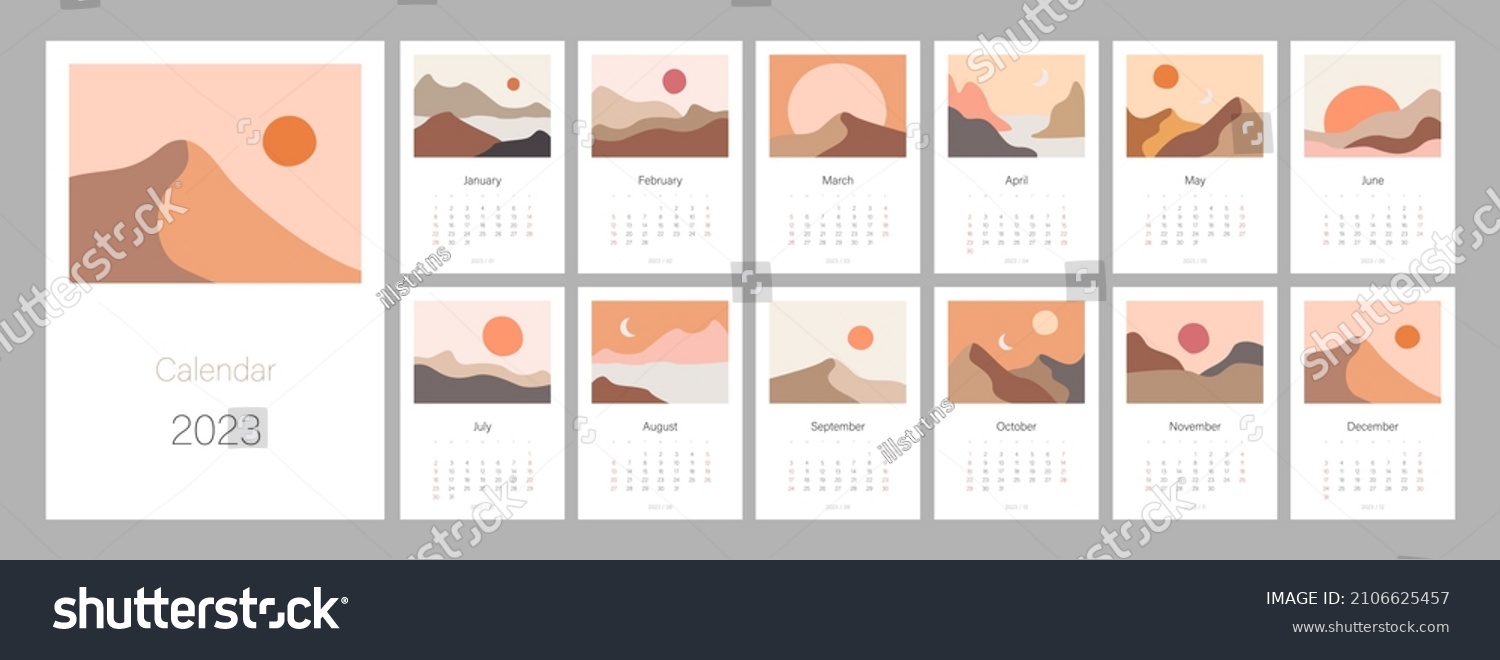Calendar template for 2023. Vertical design with abstract natural boho landscapes. Editable illustration page template A4  A3  set of 12 months with cover. Vector mesh. Week starts on Sunday.