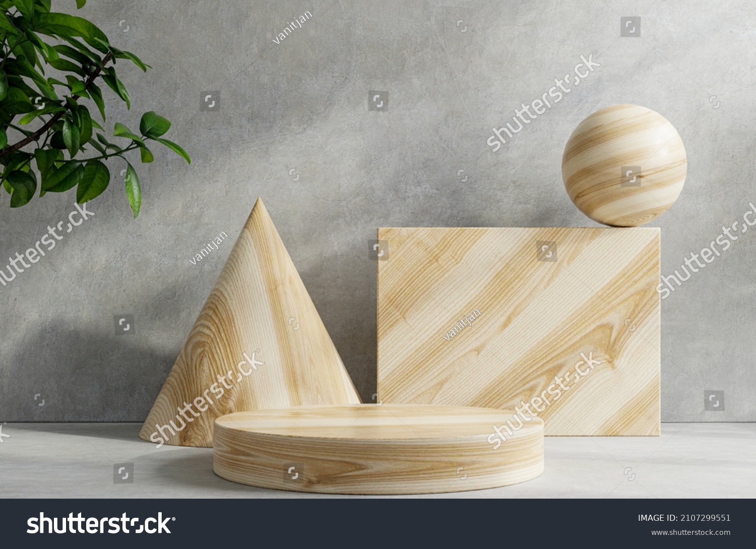 Wood podium on table counter with concrete grunge texture background.3d rendering