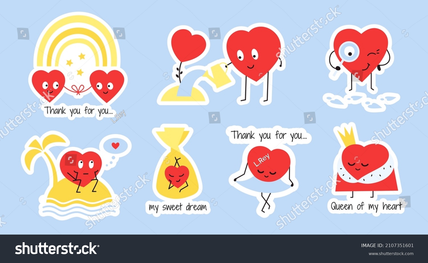 Romantic stickers with red happy hearts. Vector sticker sheet for Valentines day with cute heart characters. Love and friendship. Perfect match. Couple in love. Two hearts. Find your love  soulmate