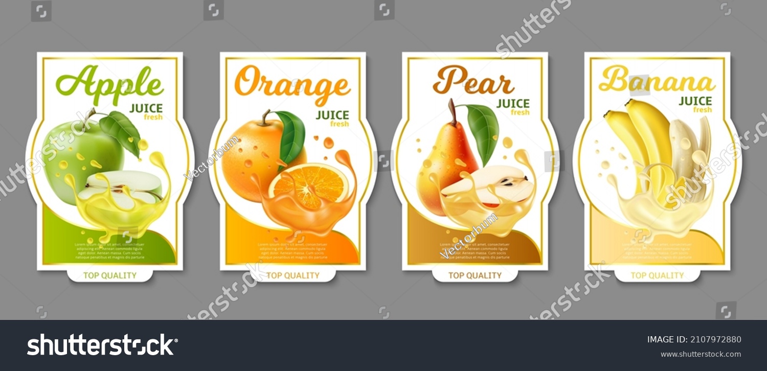 Realistic fruit labels. Different juices stickers. Fresh drinks brand emblems. Packaging tags with apple and orange. Liquid splashes. Pear and banana. Vector beverage