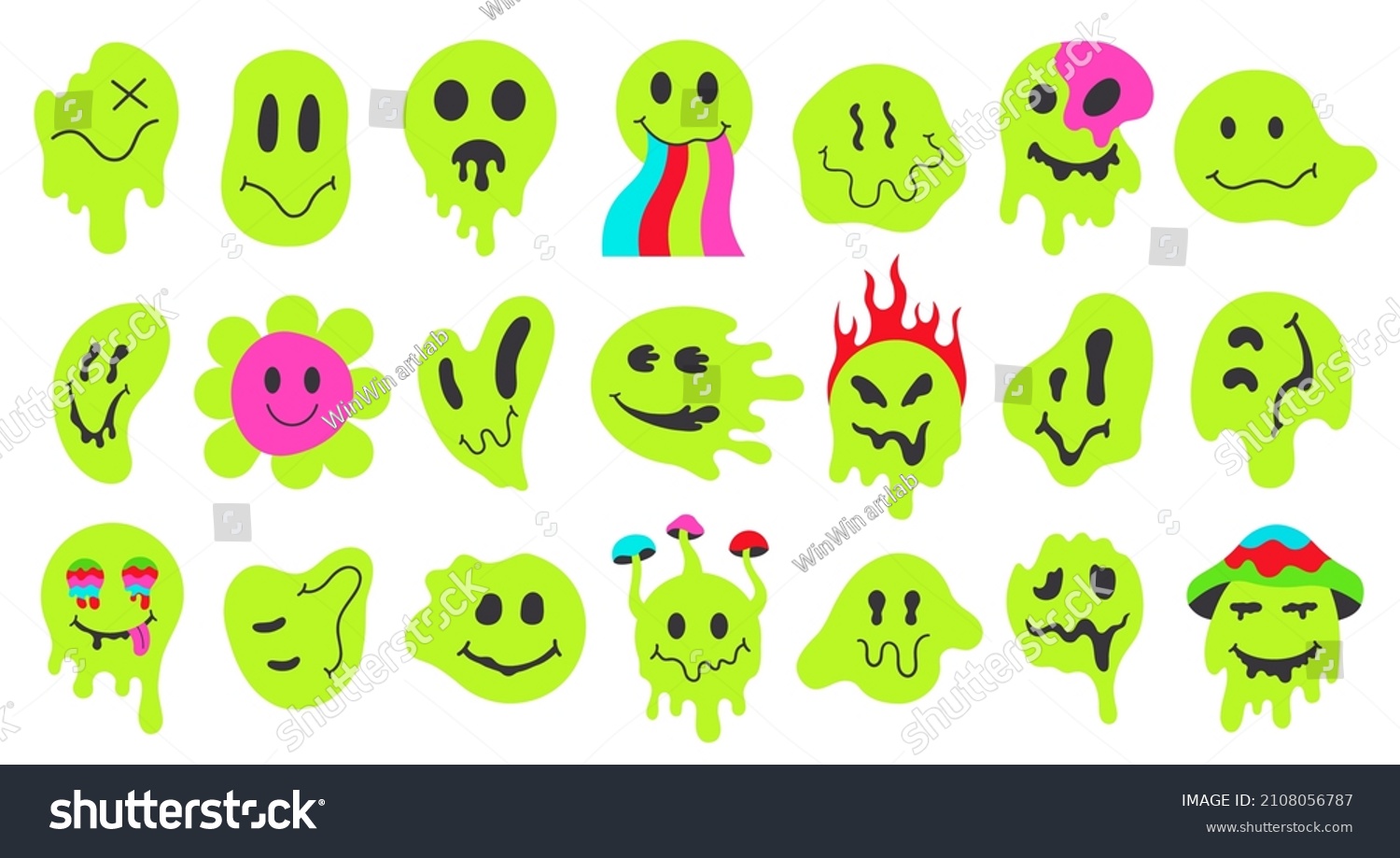 Neon melting smiling faces  retro doodle dripping smile emoji. Psychedelic groovy characters  graffiti vector illustration set