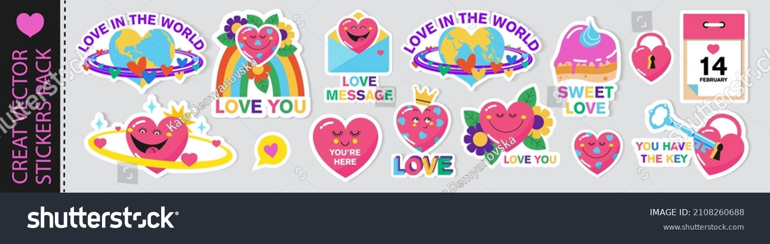 A pack of vector stickers on the theme of love in cartoon style.