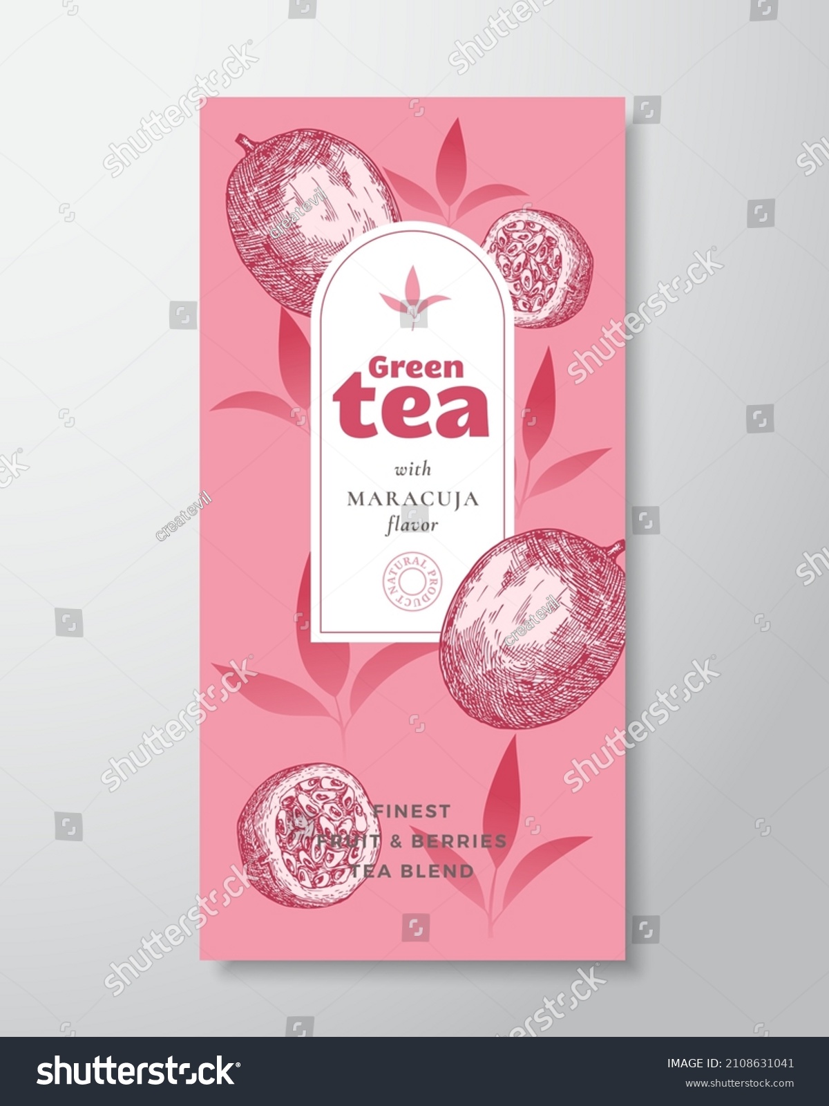 Fruit and Berries Tea Label Template. Abstract Vector Packaging Design Layout with Realistic Shadows. Hand Drawn Maracuja or Passion Fruit and Tea Leaves Decor Silhouettes Background. Isolated
