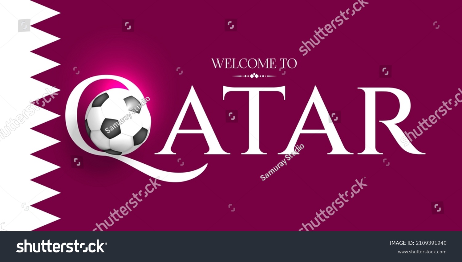 Welcome to Qatar. Realistic 3d soccer ball. Sport poster  banner  flyer modern design. Concept font  on Qatar flag colors background. Vector illustration