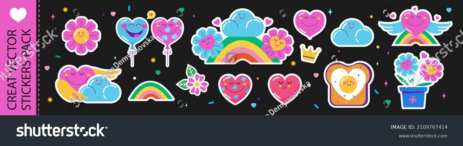 A set of vector stickers. Hearts with cute faces  flowers in love and a rainbow.
