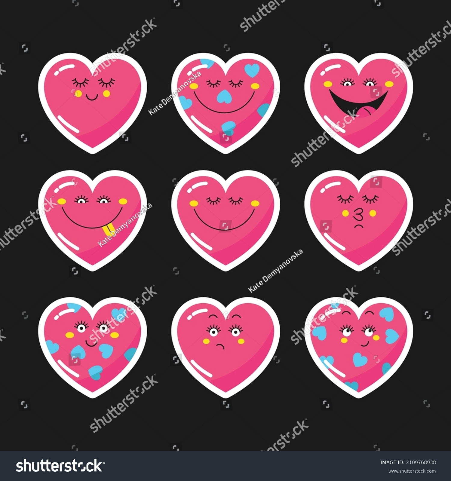 A set of stickers of hearts with funny faces.