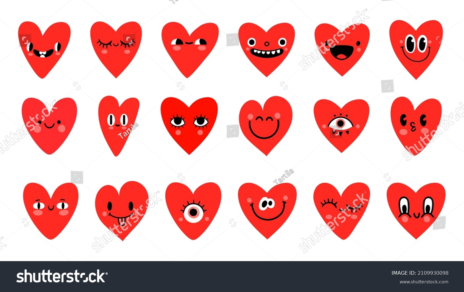 Cartoon red heart characters with funny faces emoticon. Valentine day symbol. Cute romantic hearts with eyes for logo or sticker vector set. Smiling facial expressions isolated on white