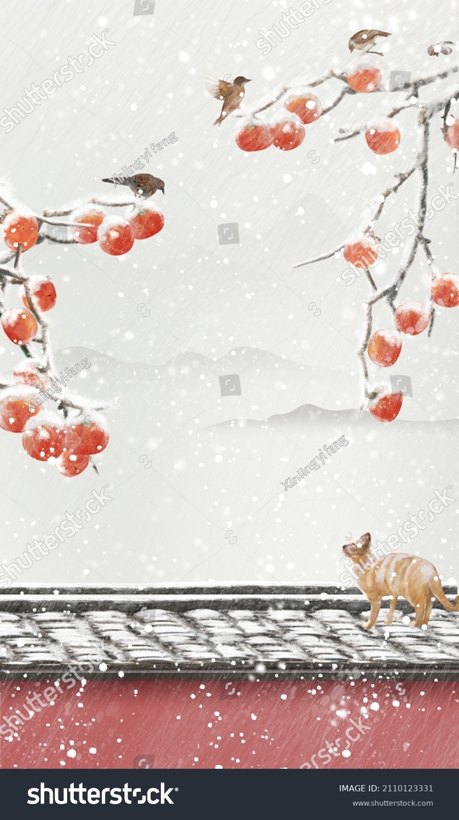 Winter ink wind red wall solar term illustration