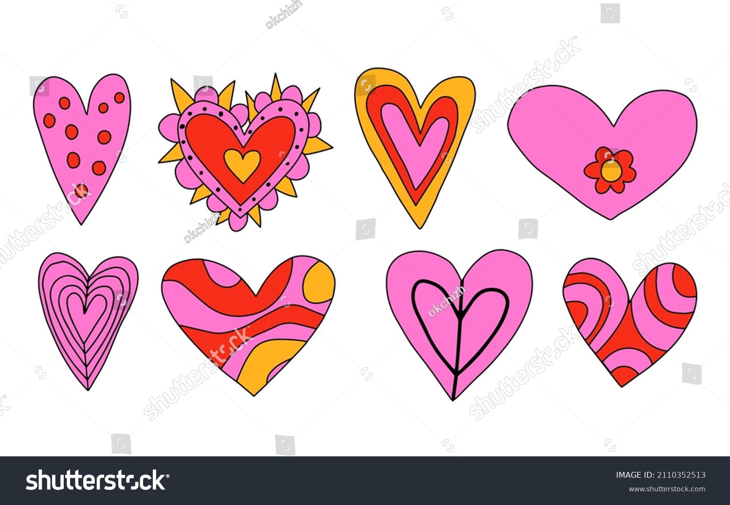 vector set of vibrant psychedelic valentines.Hippie collection hearts for valentine's day.Punk rock style 70s and 80s.Stories social media stickers.Romantic heart shapes in funky and groovy style