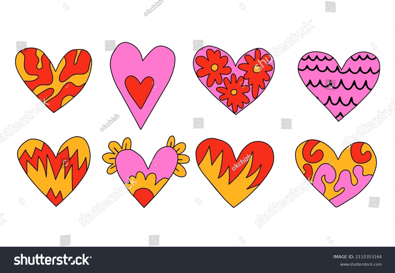 vector set of vibrant psychedelic valentines.Hippie collection hearts for valentine's day.Punk rock style 70s and 80s.Stories social media stickers.Romantic heart shapes in funky and groovy style