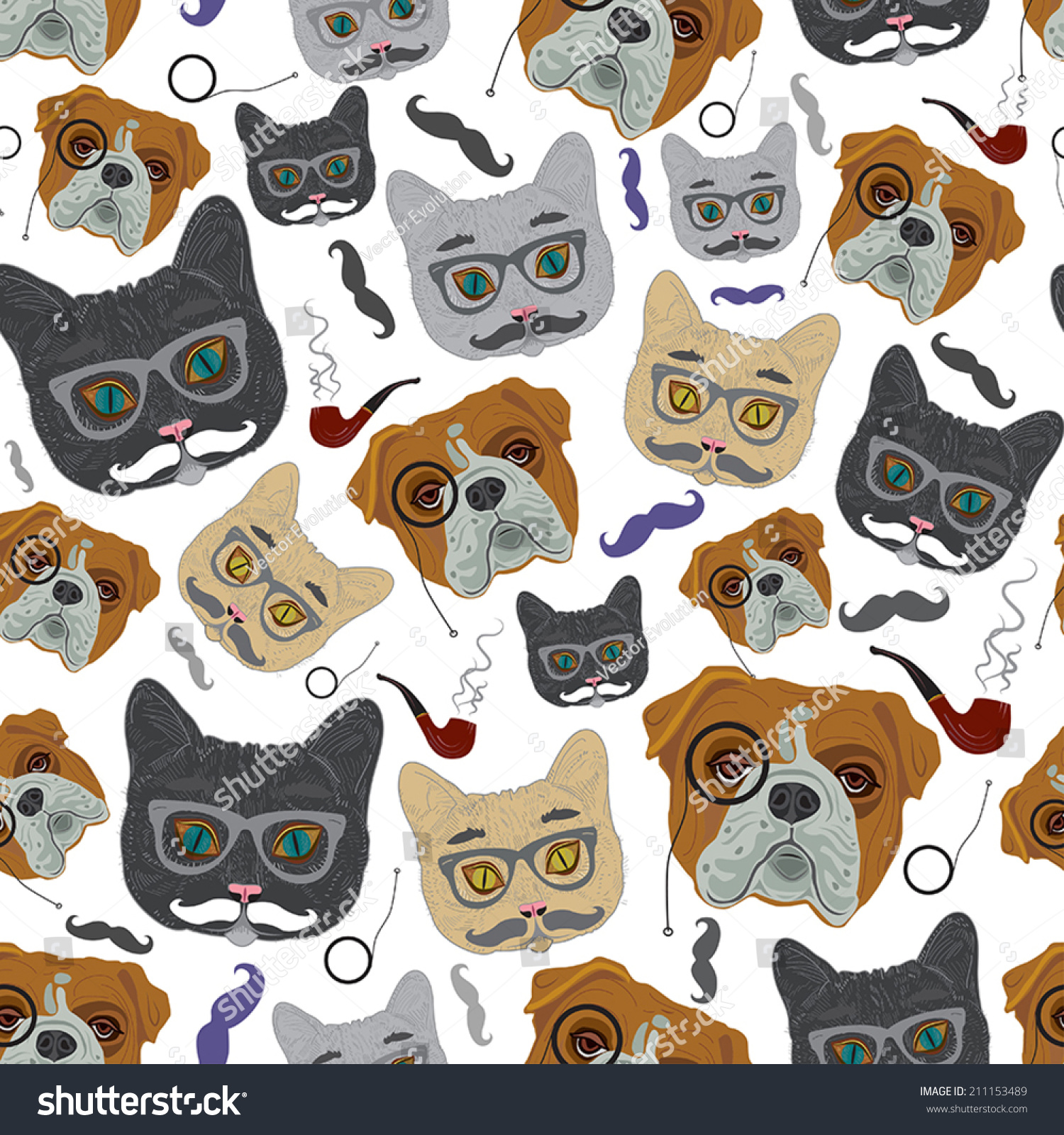 Cat and Dog. Vector seamless pattern. Dog gentleman  hipster cat.