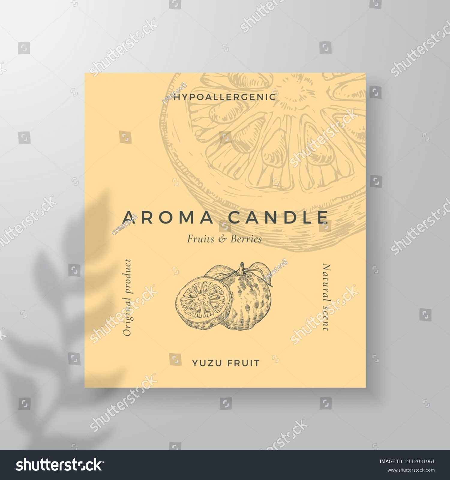 Aroma candle vector label template. Exotic Yuzu fruit scent from local purveyors advert design. Ink style sketch background layout decor. Natural smell product package text space