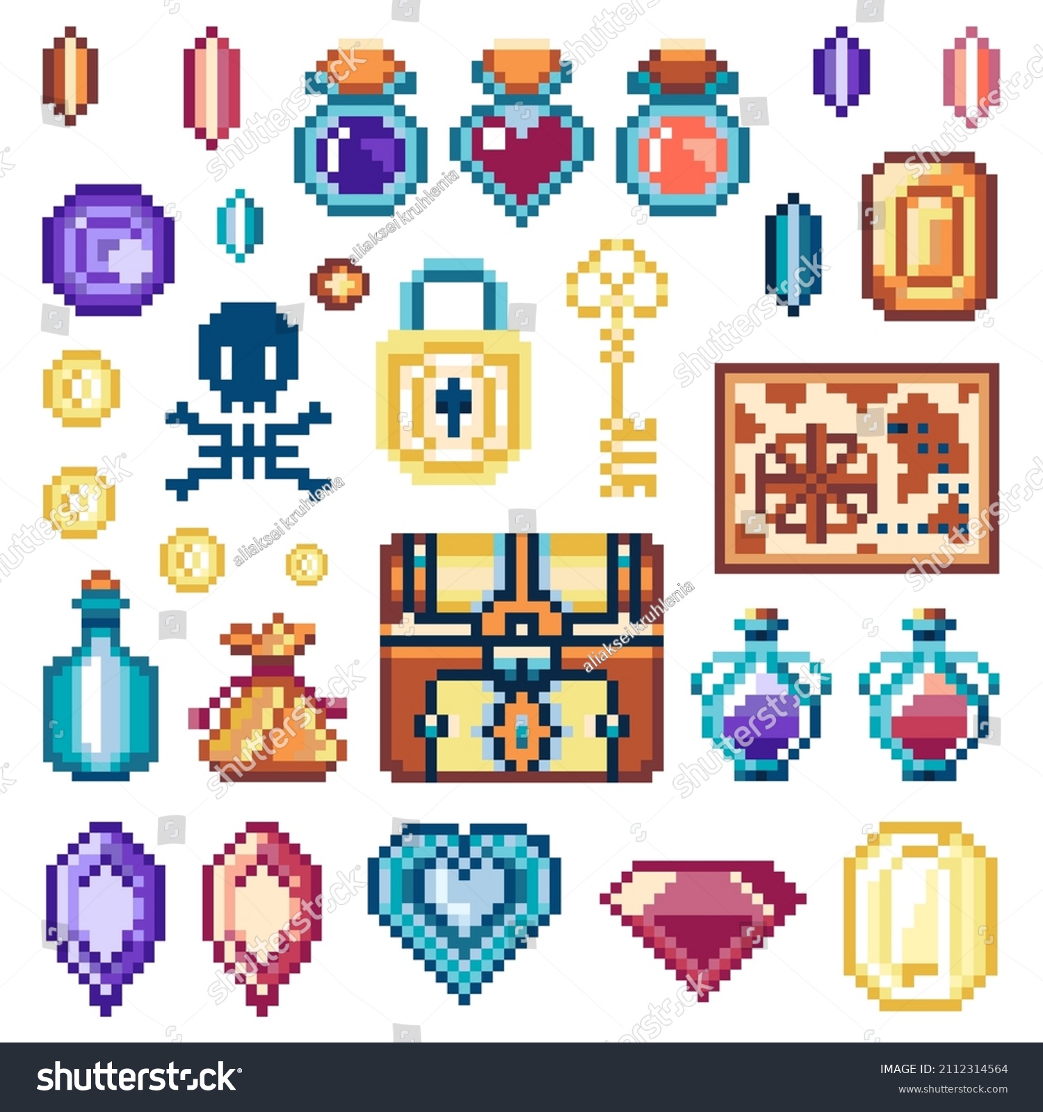 Pixel art treasure hunting assets. Game treasures clip arts set with gems and potions  golden chest with coins and magic crystals gaming sprites in 8 bit 2d design.