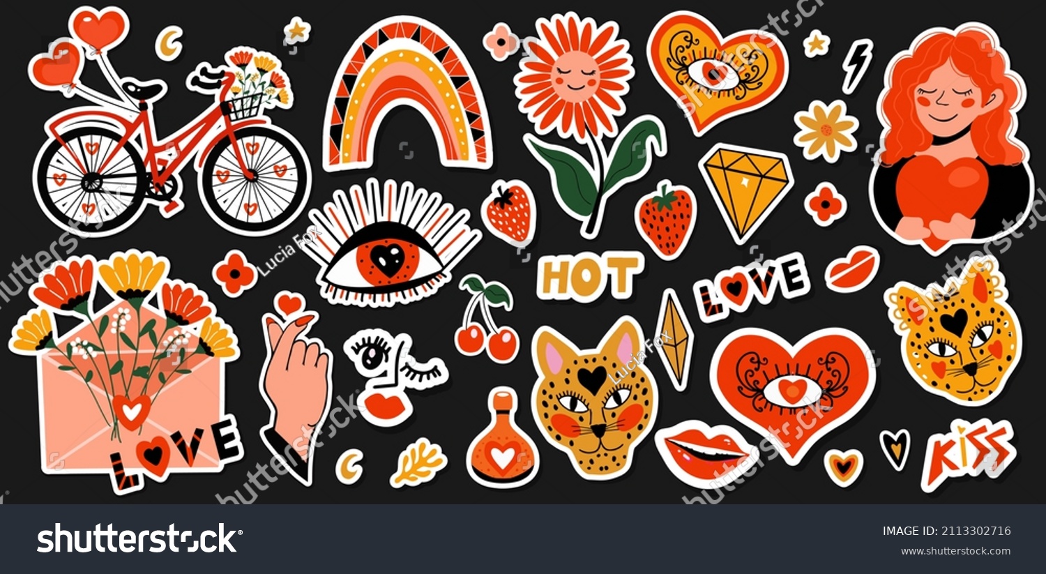 Big set of cool stickers love cartoon style  funny Comic character. Hot love flirting concept. Valentine's Day. Hand drawn. Trendy modern design. Sticker collection. Vector clip-art