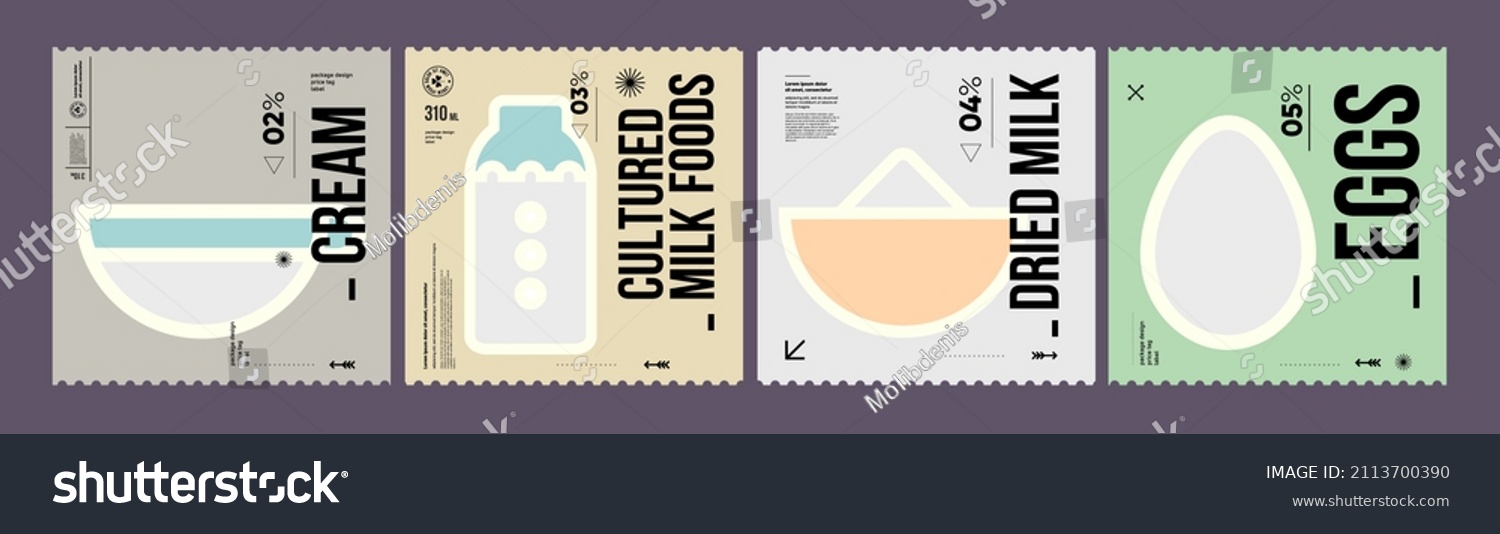 Cream  cultured milk foods  dried milk  eggs. Farmer's products. A set of vector labels in a modern  minimalist style. Geometric icons and elements. 