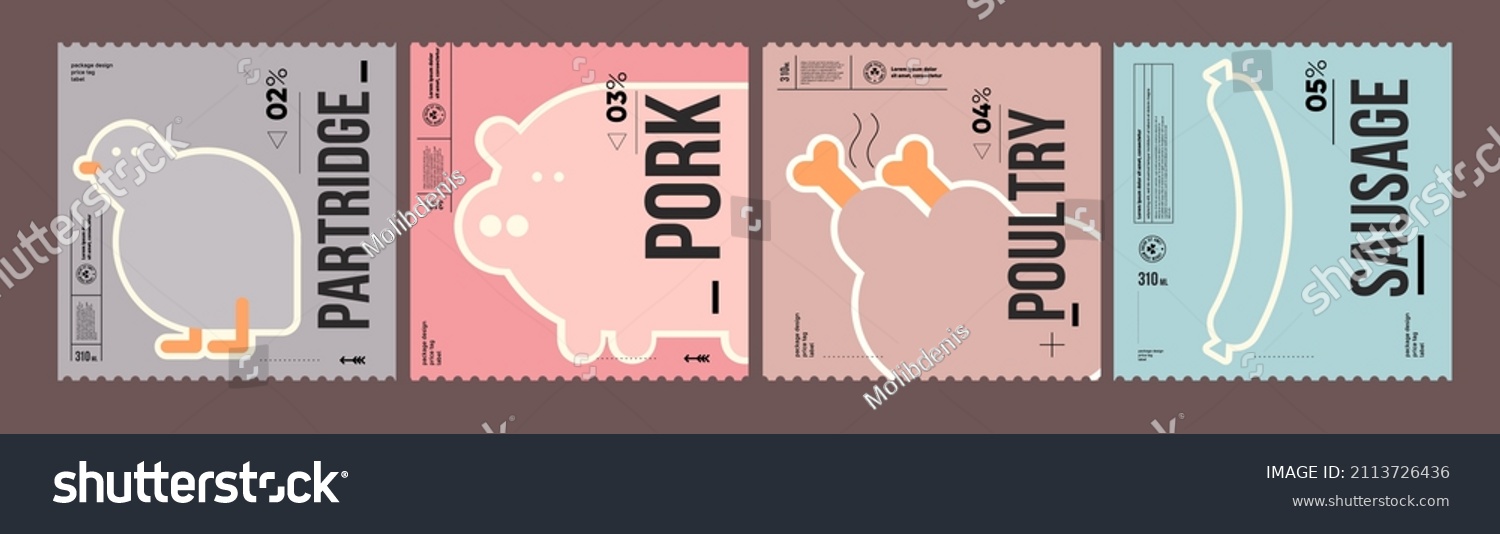 Partridge  pork  poultry  sausage. Farmer's products. A set of vector labels in a modern  minimalist style. Geometric icons and elements. 