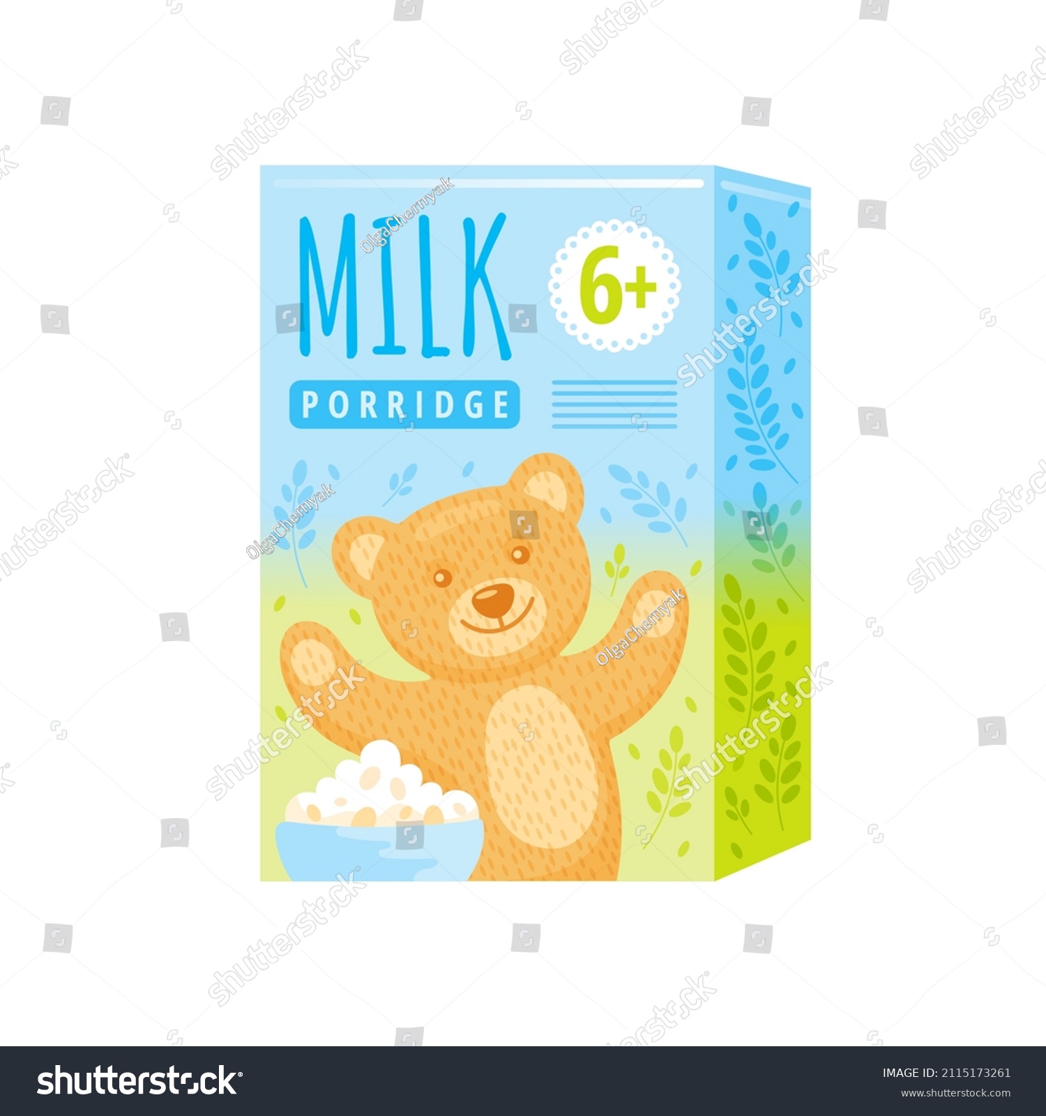 Baby cereal food box vector illustration. Carton porridge breakfast package icon. Oatmeal clipart pack with cute cartoon bear. Healthy corn flakes packaging isolated. Flat cereal food box design