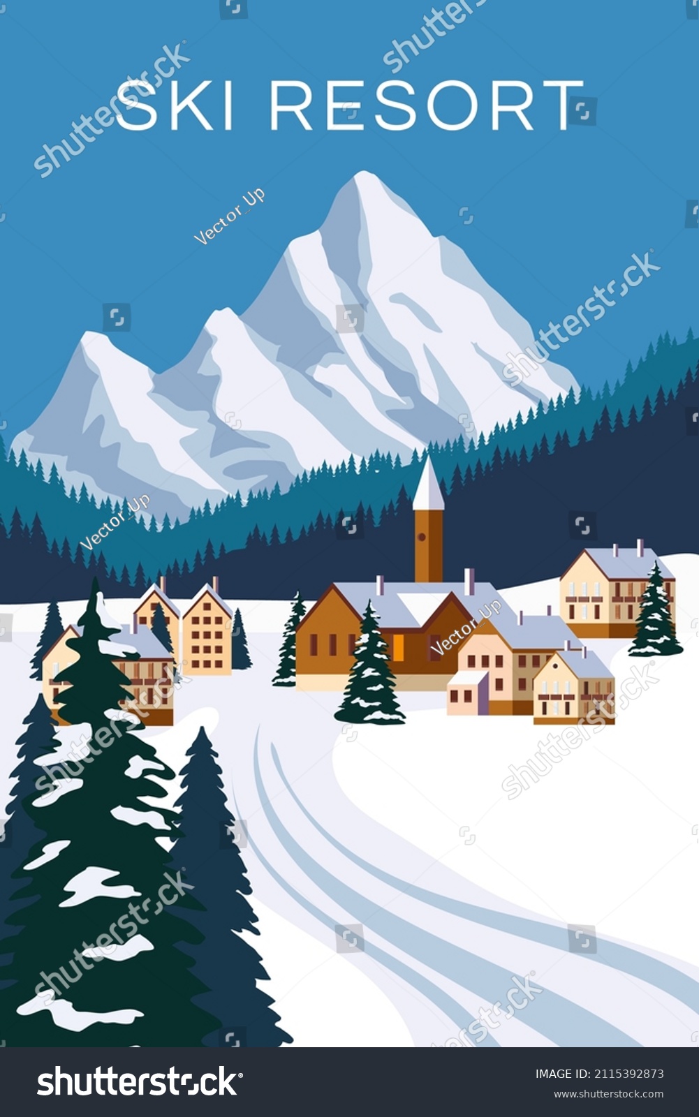 Mountain vintage winter resort village Alps  Switzerland. Snow landscape peaks  slopes. Travel retro poster  vector illustration
