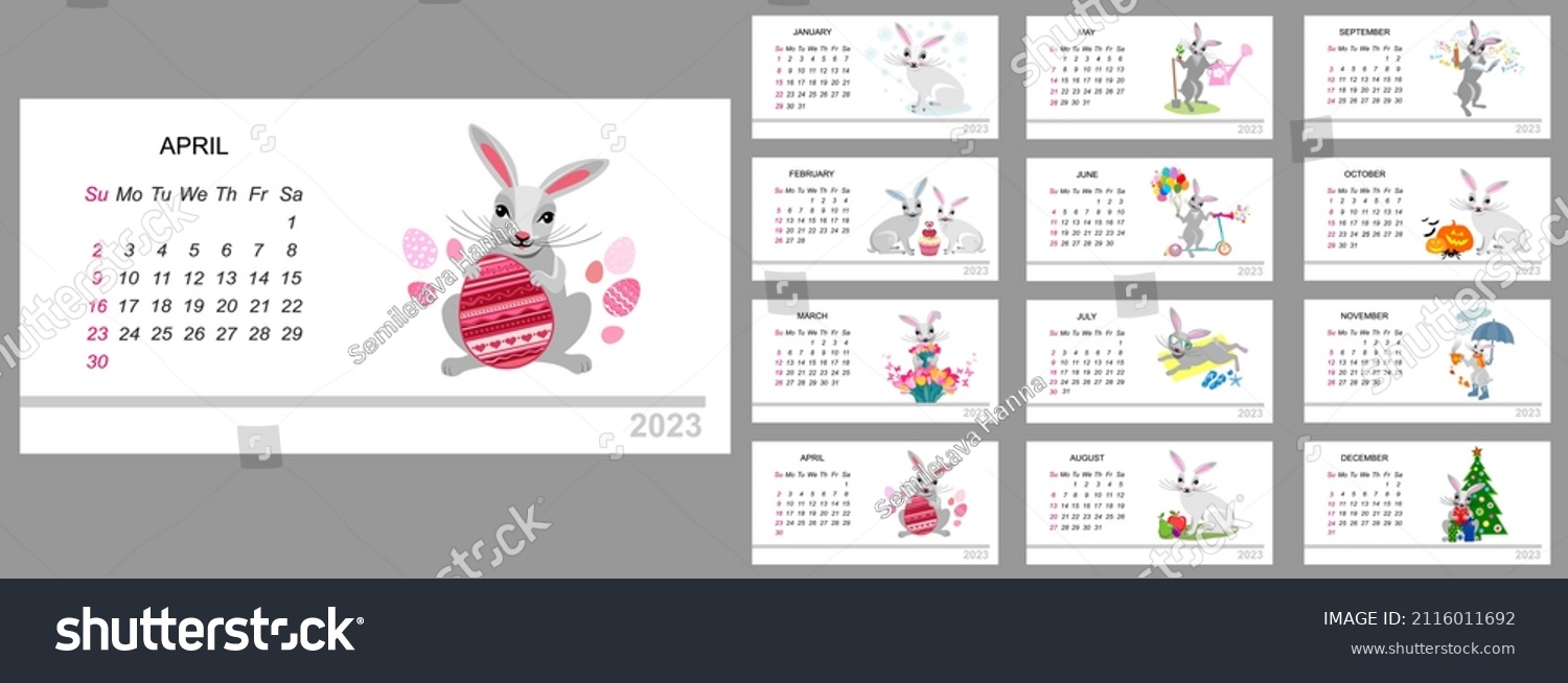 Calendar template for 2023 with funny bunny. Cute rabbit calendar design concept   new year character. Set of pages for 12 months of 2023. Desk calendar horizontal layout. Week starts on Sunday