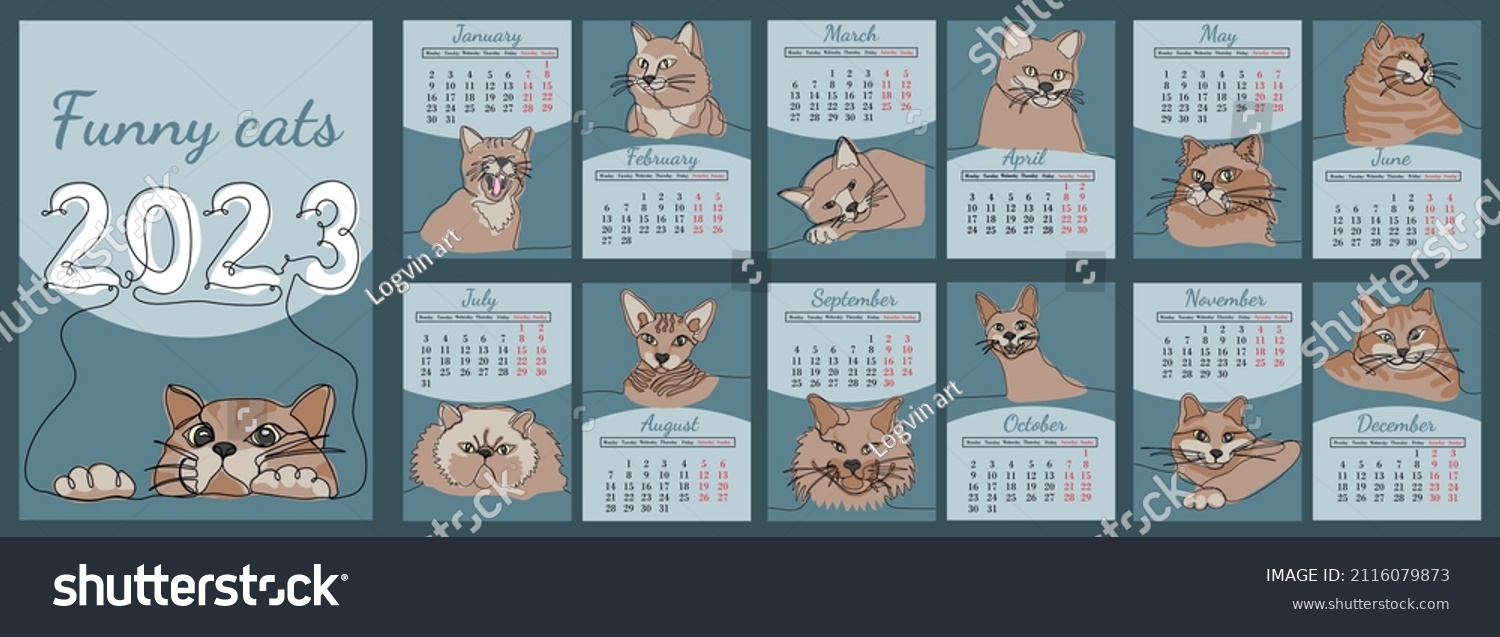 Vector vertical calendar 2023 with funny cats in line art style. Week starts from Monday. Set of 12 pages and cover in size A4 A3 A2 A5