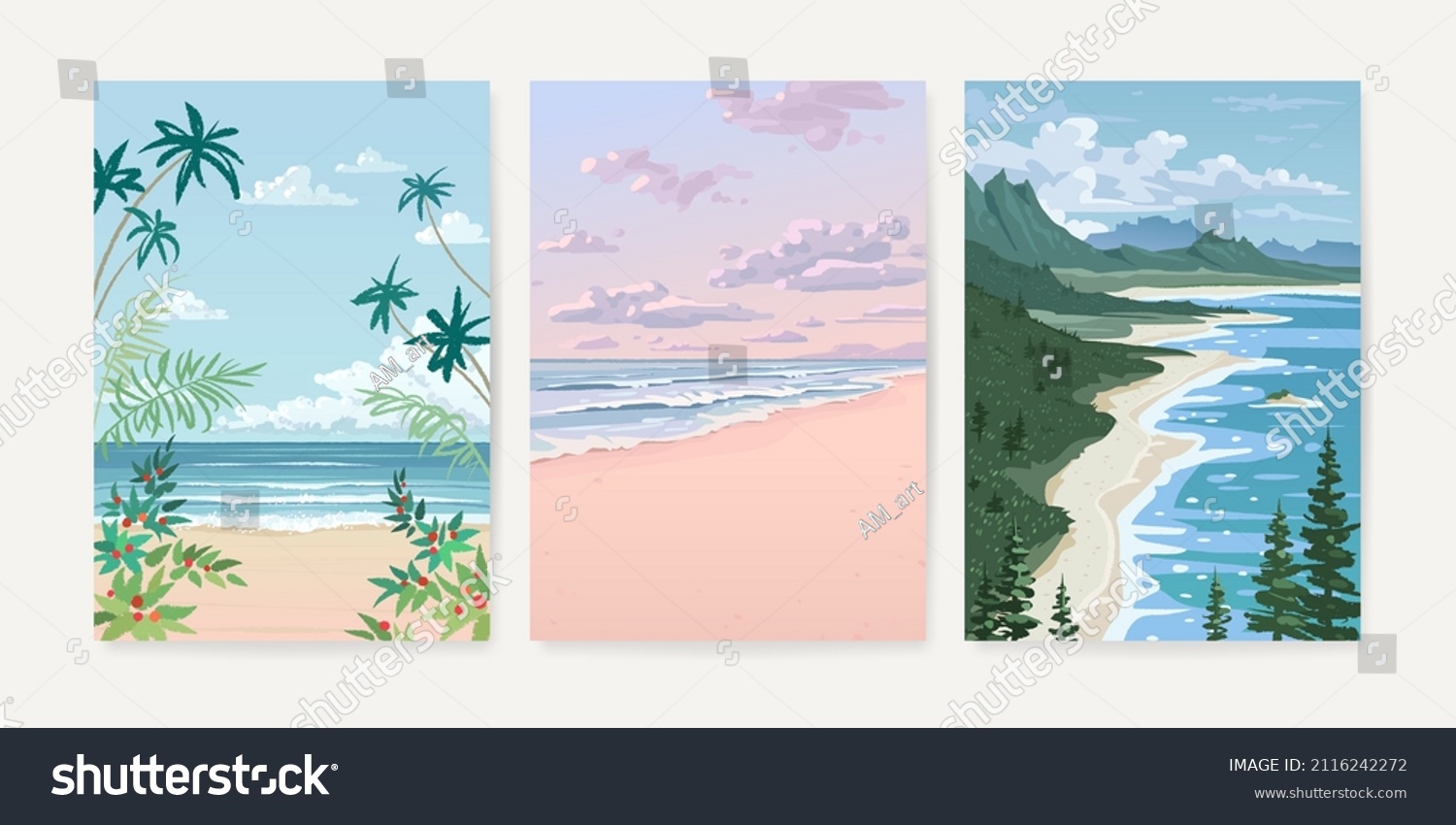 Set of nature landscape background. Hand drawn card  poster  banner or cover design template with tropical beach and forest. Vector illustration