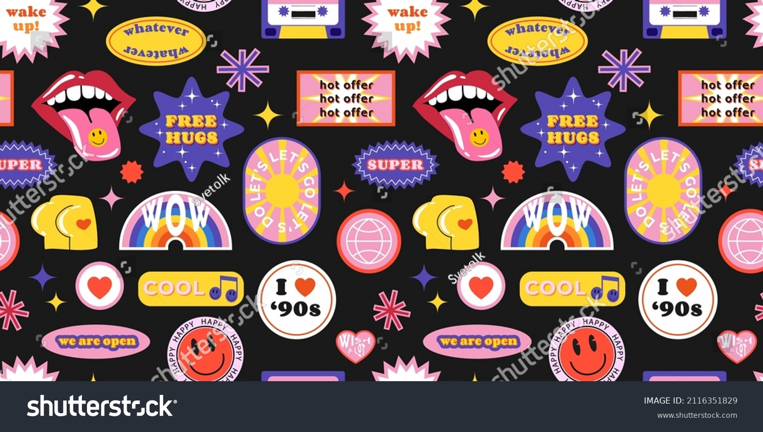Seamless pattern with y2k trendy retro stickers with smile faces  cartoon comic label patches. Funky  hipster retrowave background. Vector illustration  90s graphic design badges backdrop.