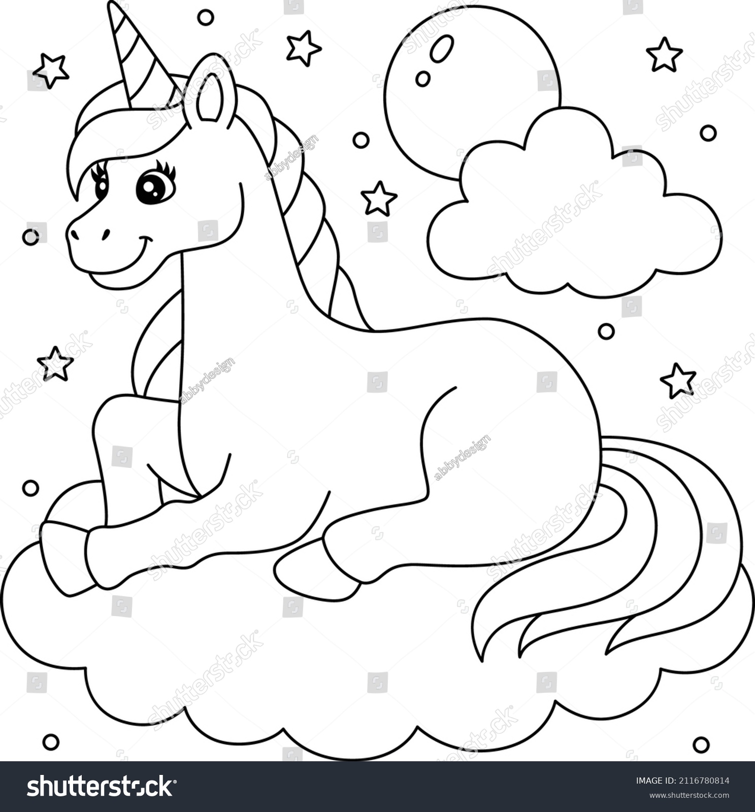 unicorn lying on the cloud coloring page for kids