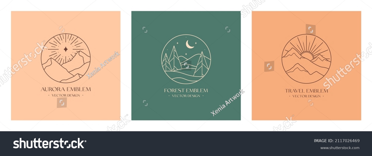 Vector linear boho emblems with snowcapped mountain landscapes forest.Travel logos with mountains sun crescent moon aurora lights or polar star.Modern hike camp nature reserve or wildlife refuge label
