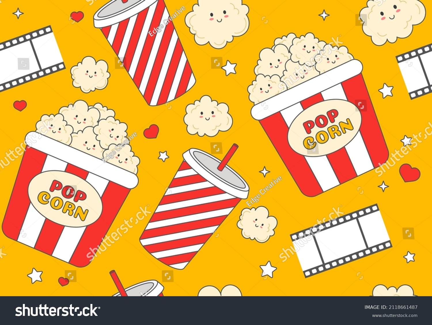 Cinema abstract concept. Colorful seamless pattern with popcorn  movie  mug with drink and character with cute face. Design element for packaging and printing. Cartoon flat vector illustration