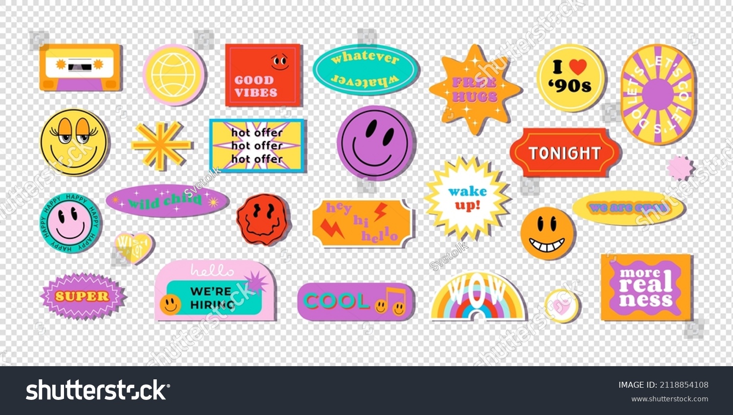 Cool trendy retro stickers with smile faces  cartoon comic label patches. Funky  hipster retrowave stickers in geometric shapes. Vector illustration of y2k   90s graphic design badges.