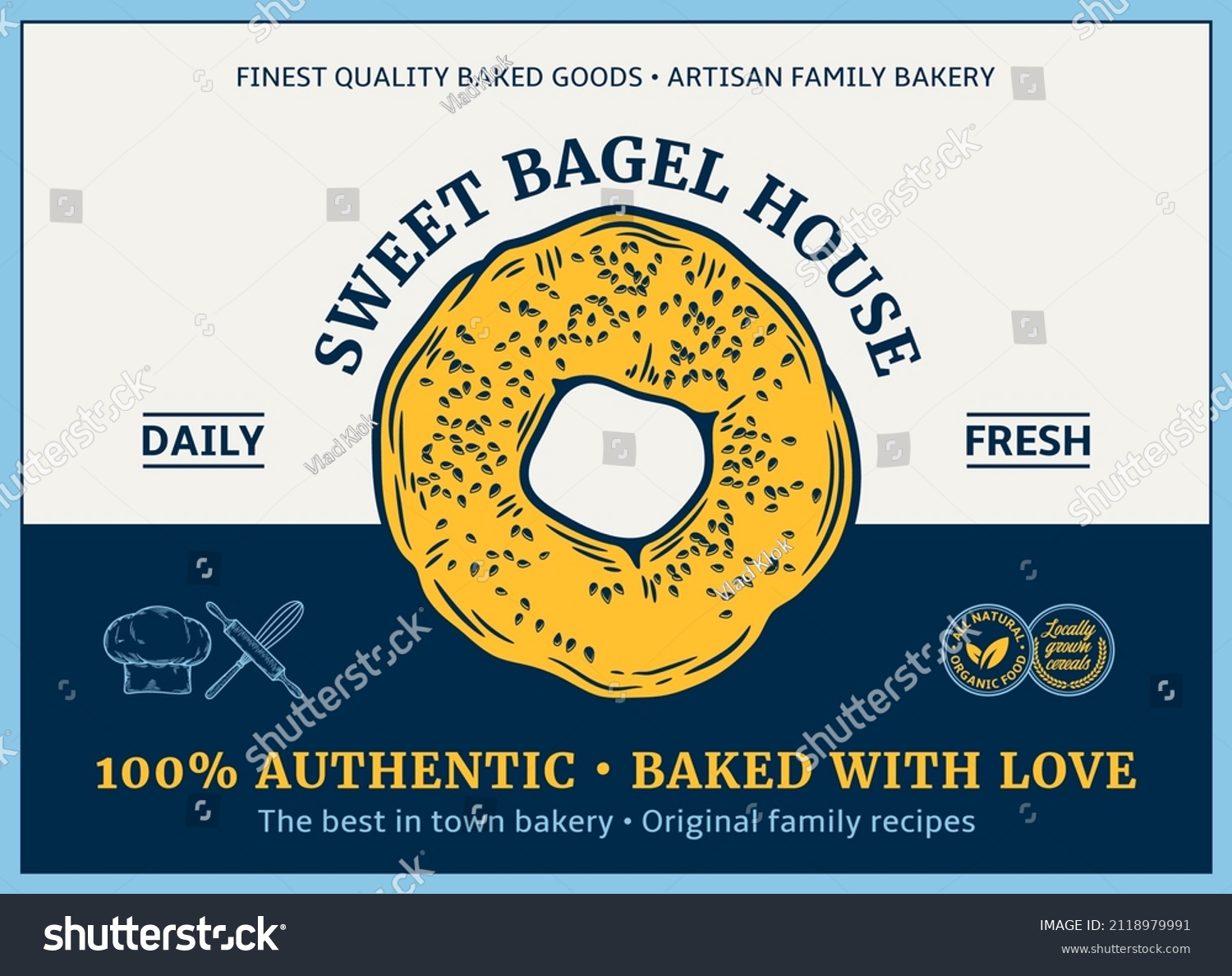 Bakery label and packaging design template for baked products branding and packaging. Vector bagel illustration