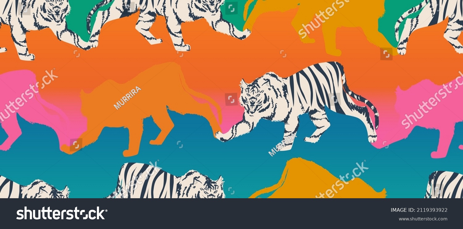 Hand drawn abstract colorful pattern with tigers. Creative collage ...