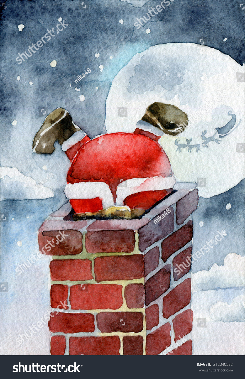 Merry Christmas card. Santa Claus stuck in the chimney. Watercolor illustrations