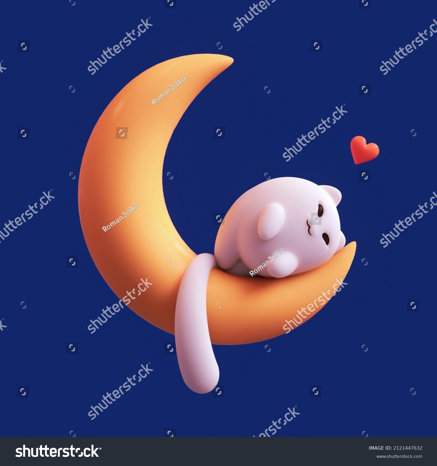Fat fluffy white happy cat sleeps on yellow moon floating in the air with a red heart shape. Good night  sweet dreams. I love you  lazy days. Minimal art  cartoon card. 3d render on dark blue backdrop
