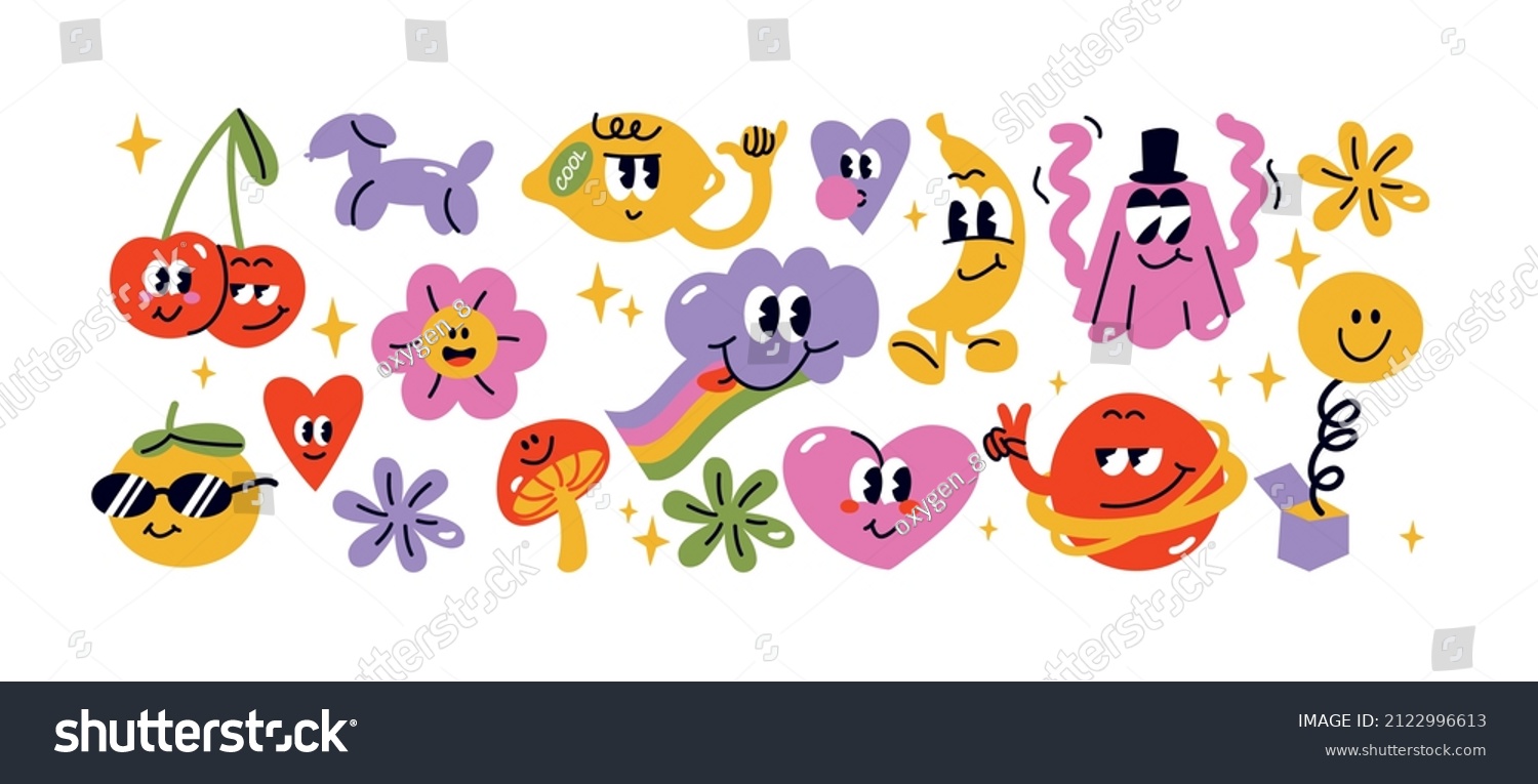 Vector illustration set with abstact funny characters. Comic stickers  pins or patches isolated on a white background.
