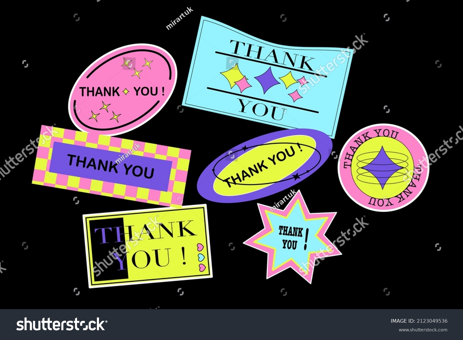 Thank You Cool trendy retro stickers.Thanks lettering illustration vector design. Funky  hipster retrowave stickers in geometric shapes. With Retro Stickers Vector Design.