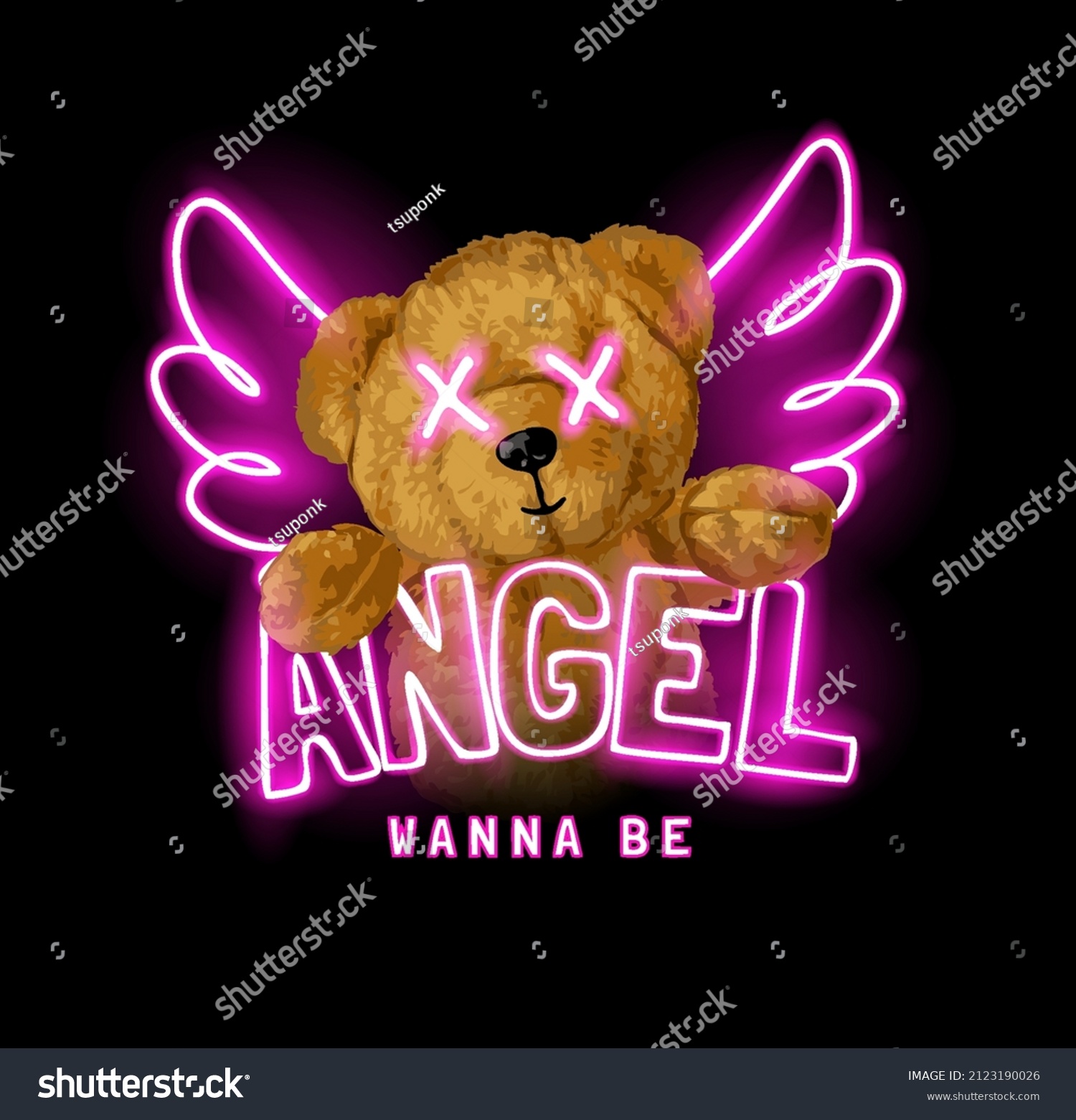 angel slogan with bear doll with angel's wings neon light vector illustration on black background