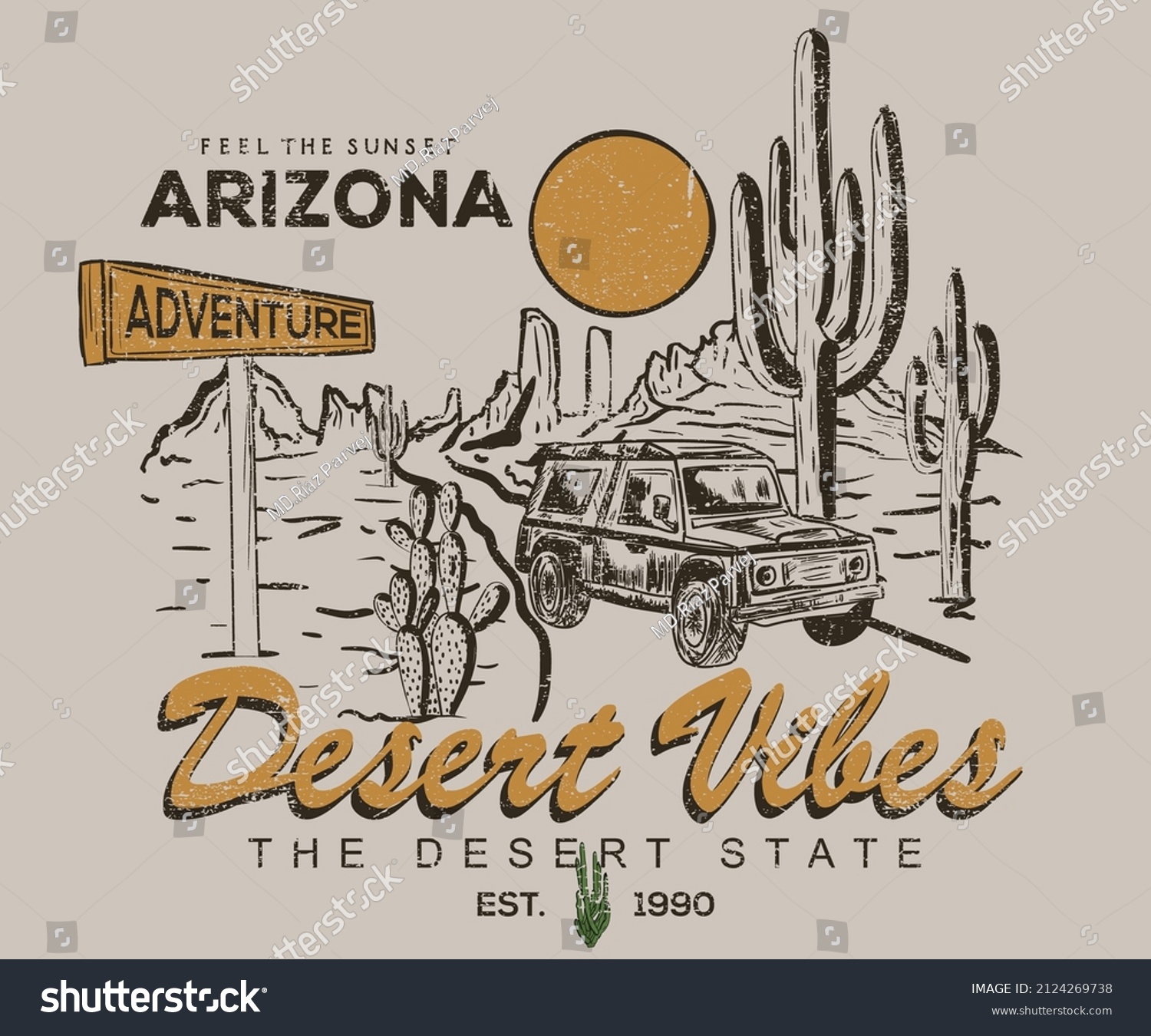 Desert vibes vintage print design for t shirt  poster  sticker  batch  embroidery and others. Wilderness road trip vector artwork.  