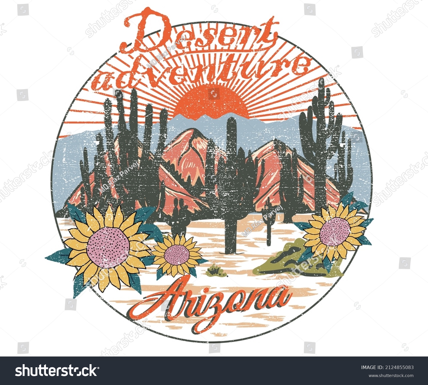 Cactus with sunflower print deign for t shirt  poster  batch  and others. Arizona desert vector artwork design.