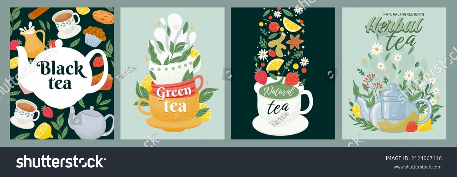 Black  green and herbal tea package label design. Tea drink concept with leaves  cups  sweets and teapots. Decorative cafe poster vector set. Illustration of leaf herbal and teapot