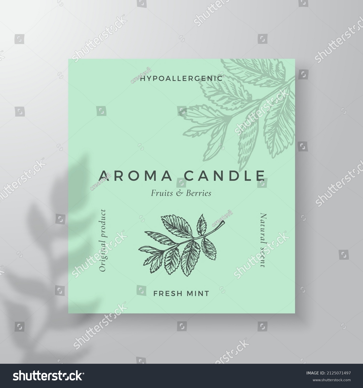 Aroma candle vector label template. Mint leaves scent from local purveyors advert design. Ink style sketch background layout decor. Natural smell product package text space