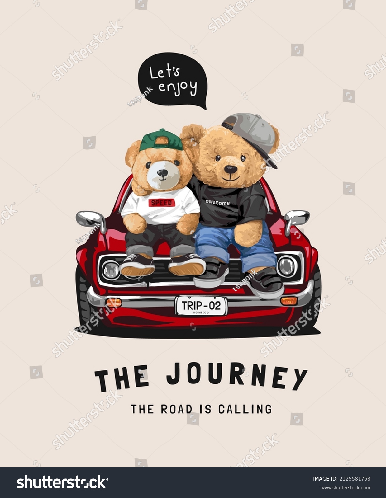 journey slogan with bear dolls sitting on car hood vector illustration