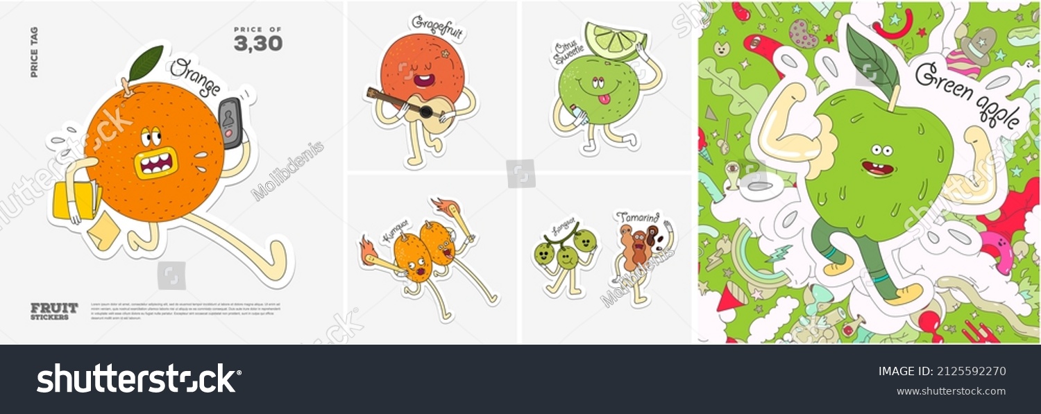 Orange  Grapefruit  Sweetie  Kumquat  Tamarind  Green apple. Fruit. Set of vector stickers. Funny characters in doodle style. Hand-drawn cartoon icons with stroke.