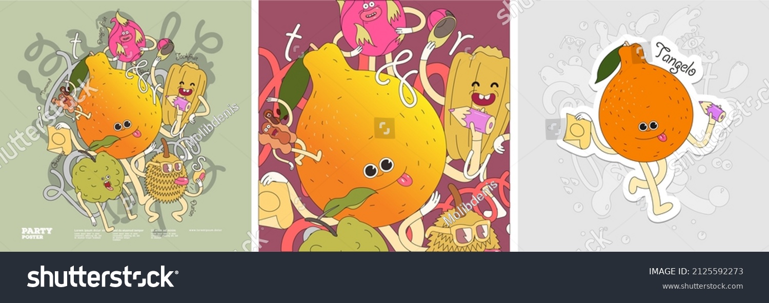 Tamarind  jackfruit  dragon fruit  tangelo  durian. Funny characters.  Set of vector illustrations. Doodle style. Painted  colorful fruit with outlining. Sticker  poster   background image for label.