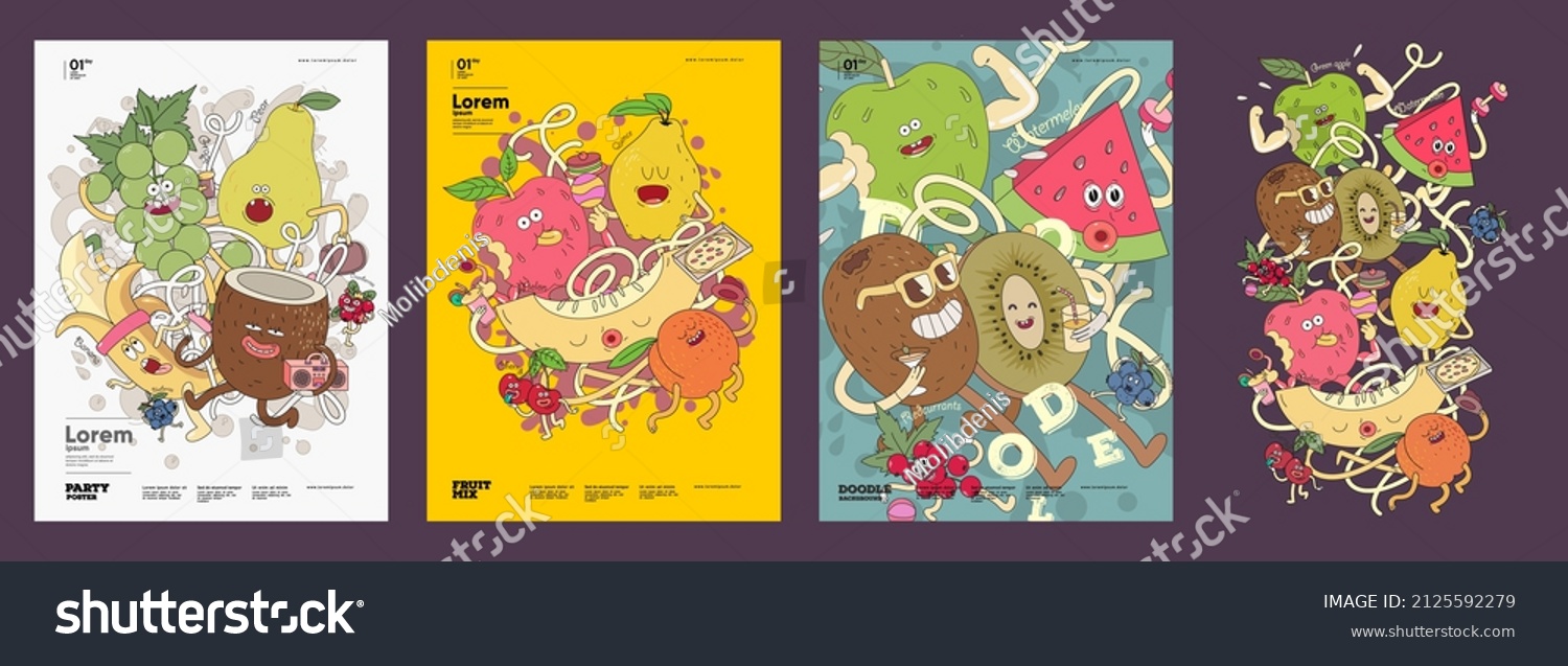 Fruit Mix.  Set of vector illustrations. Doodle style. Painted  colorful fruit with outlining. Sticker  poster   background image for label.