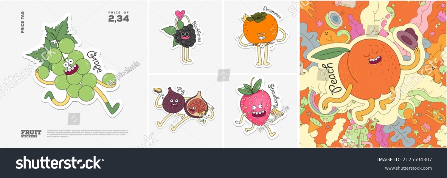 Grape  Blackberries  Persimmon  Fig  Strawberry  Peach. Fruit. Set of vector stickers. Funny characters in doodle style. Hand-drawn cartoon icons with stroke.